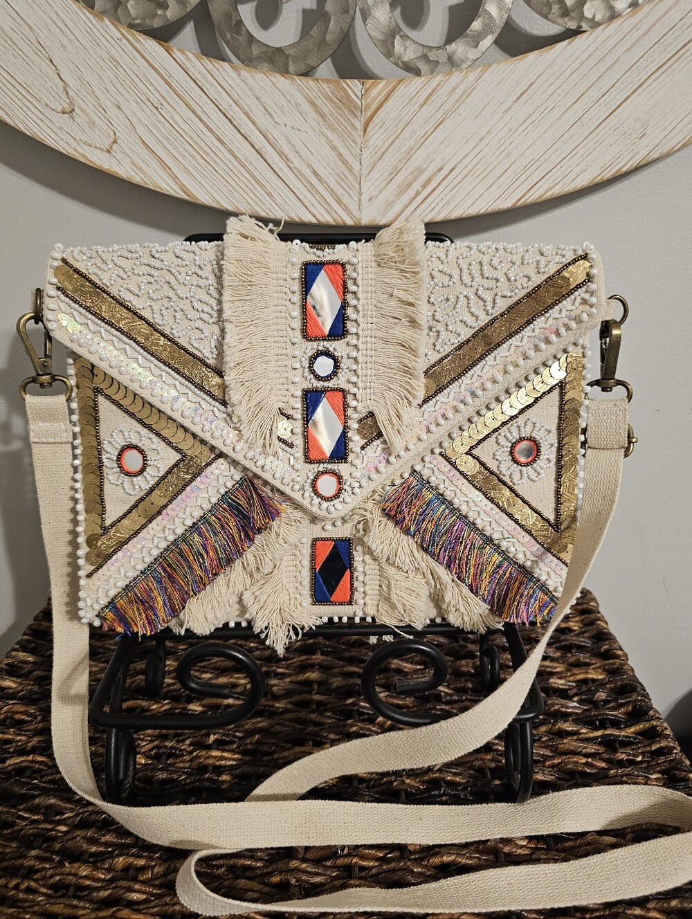 Lulus Beaded Fringe Crossbody Bag in Cream with Multicolor Accents